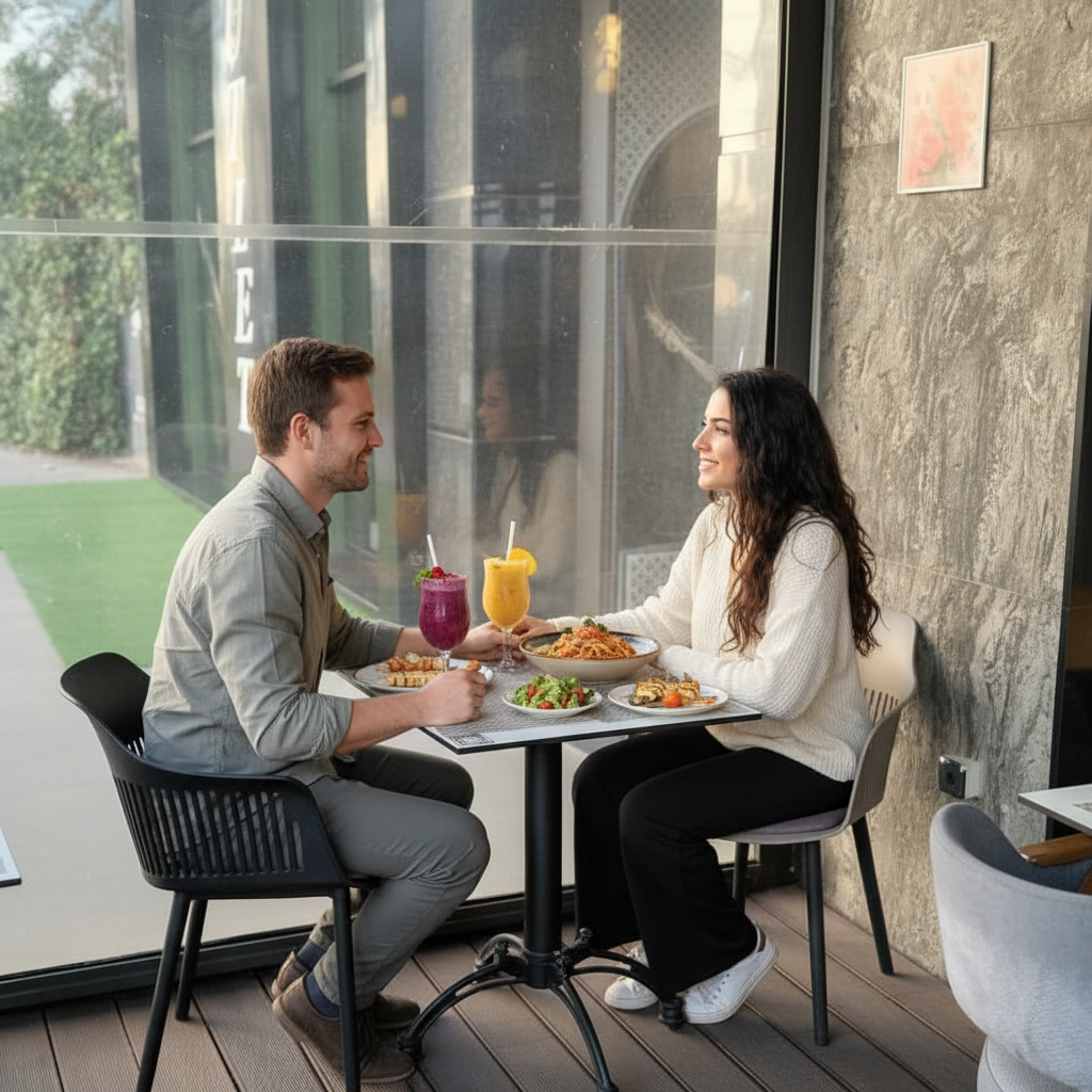 Couple at table — evening light